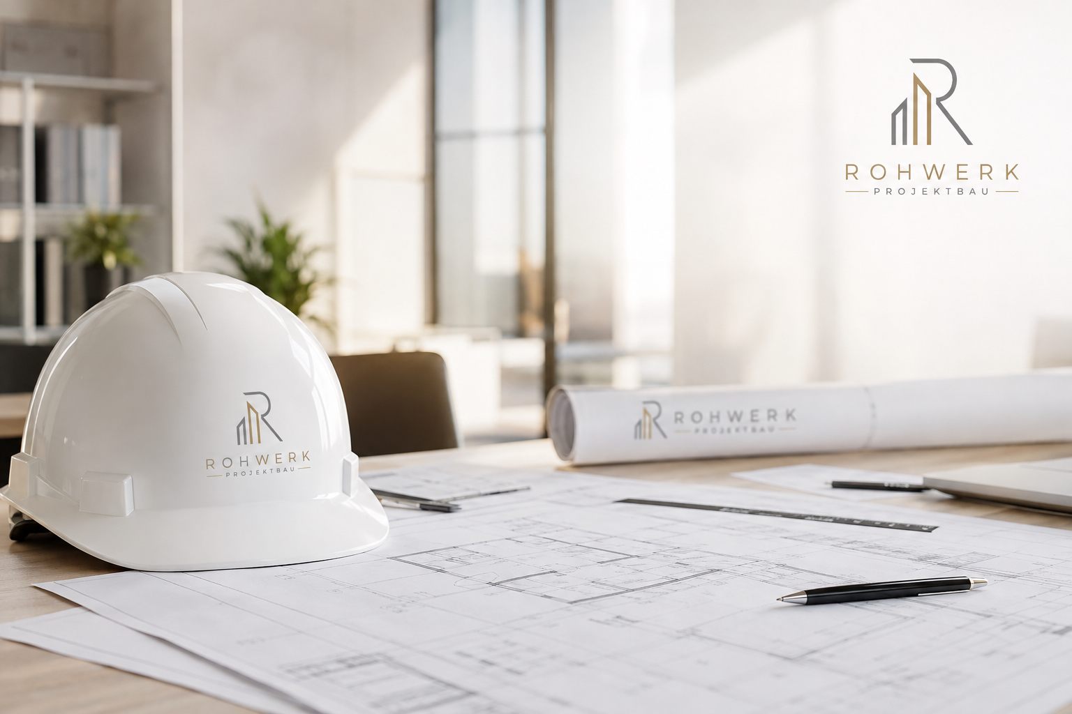 Schutzhelm mit Rohwerk-Logo auf Bauplänen in einem hellen Planungsbüro